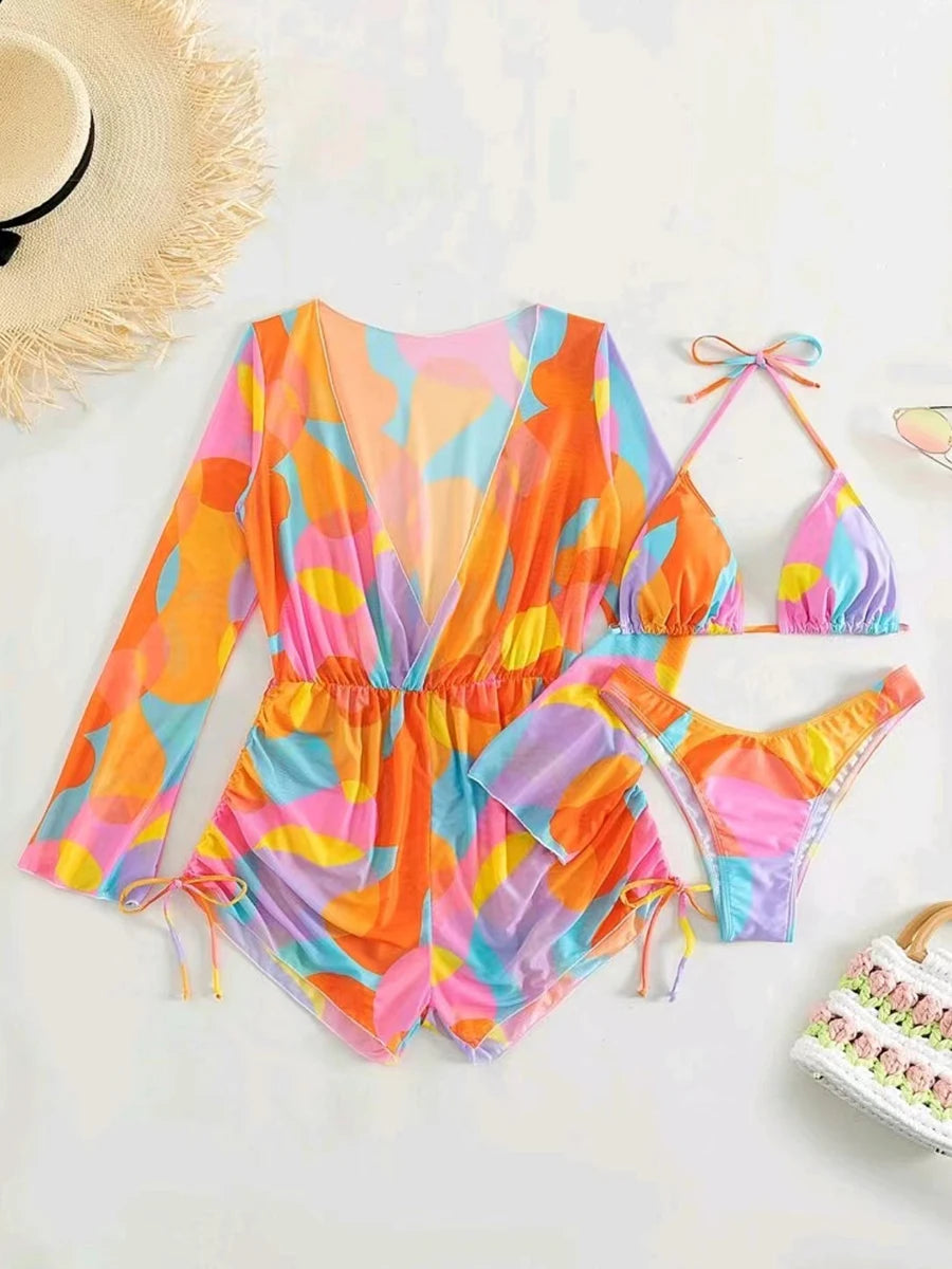 3 Pieces Triangle Halter String Bikini Long Sleeve Swimsuit Women Swimwear Female Bathers Bathing Swimming Swim Suit