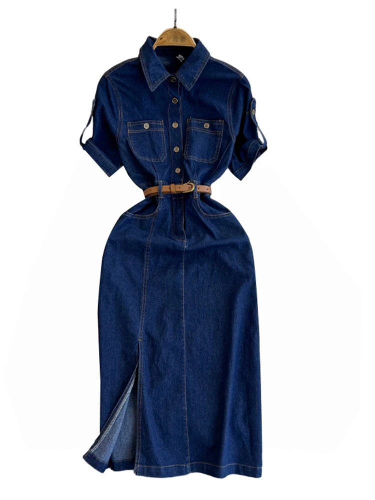 XFPV Women's Sweet Short Denim Dress For Women  Belt Slim Short Sleeved Vestidos Korean Fashion Spring Summer 2025 SM11153
