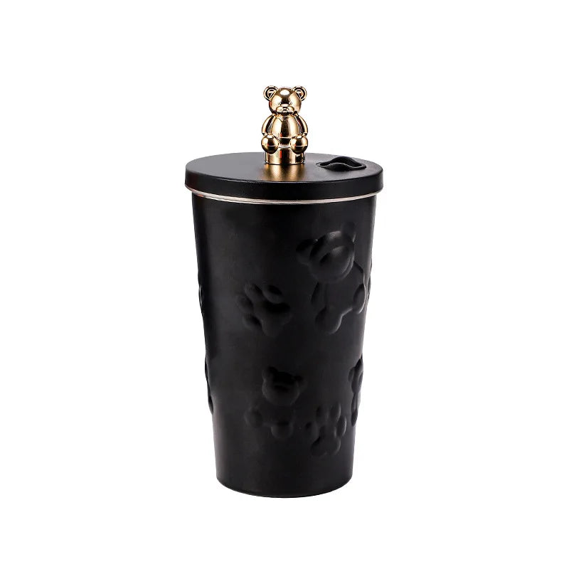 600ml Cute Bear 304 Stainless Steel Coffee Thermos Double Wall Vacuum Insulation with Straw Outdoor Water Bottle Car Cup