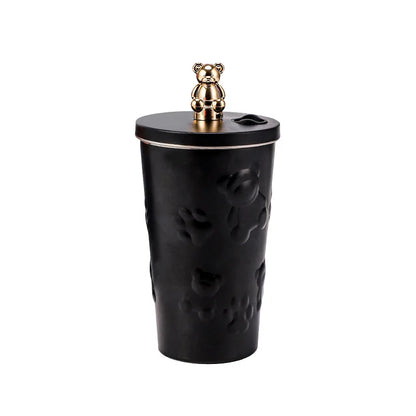 600ml Cute Bear 304 Stainless Steel Coffee Thermos Double Wall Vacuum Insulation with Straw Outdoor Water Bottle Car Cup