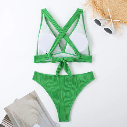 2025 Wrinkled Crinkled Bikini Women Swimwear Female Swimsuit Two-pieces Bikini Set High Cut Bathing Suit Swim Beach Wear Lady