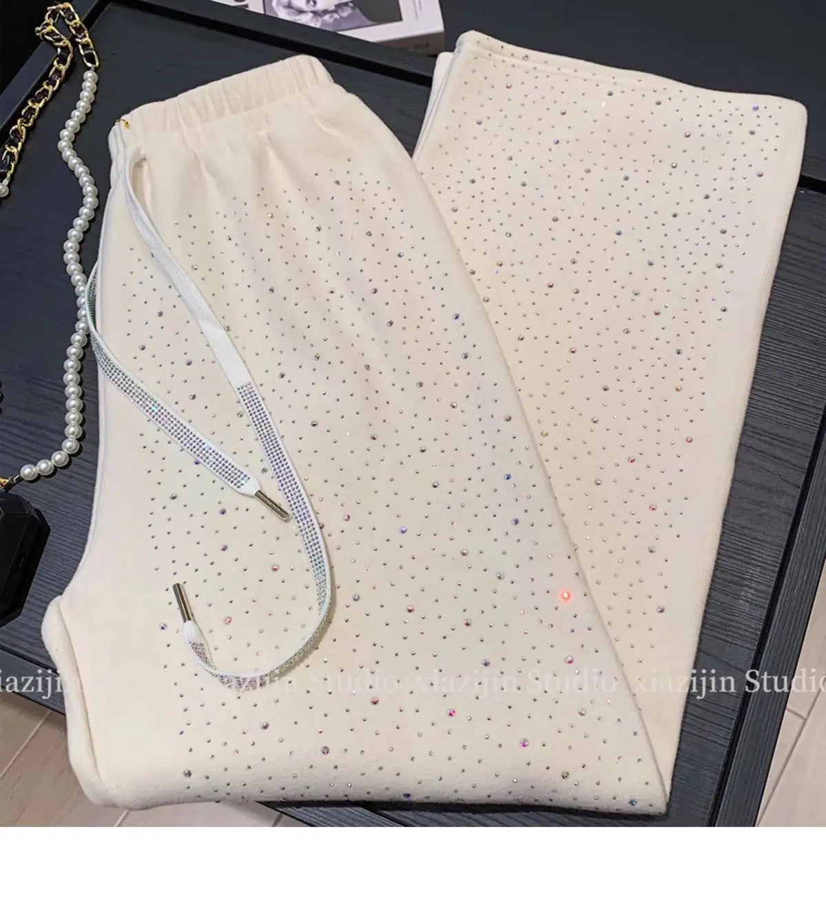 Autumn Winter Women White Rhinestone Velvet Wide Leg Pants Fashion Thickened Straight Loose Casual Trousers Streetwear Women