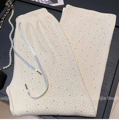Autumn Winter Women White Rhinestone Velvet Wide Leg Pants Fashion Thickened Straight Loose Casual Trousers Streetwear Women