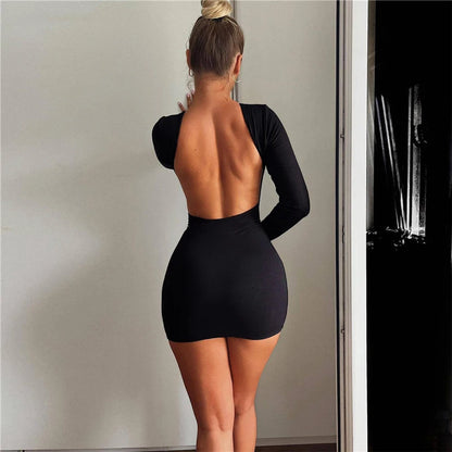 Backless Women Dress Full Sleeve Sexy Solid Fashion Slim Bodycon Ladies Eveing Party Prom Robe New In Clothes Mini Dress Skinny