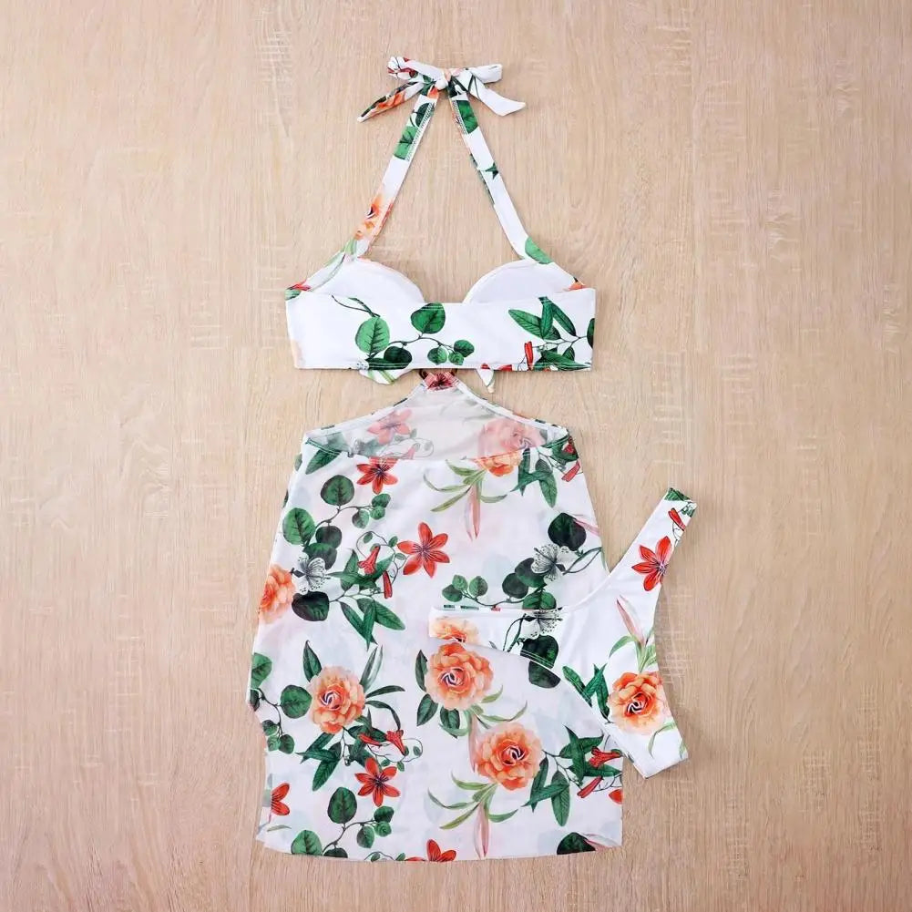 3Pcs/Set Women Swimwear Halter With Skirt Push Up Swim Pool Matching Sexy High Waist Thong Bikinis Set Water Sports Accessory