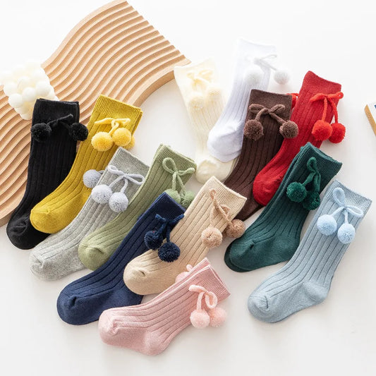 1 Pair Winter Kawaii Baby Stockings Cotton British Princess Knee High Long Bow Pom Tube Socks for Girls Knitted Sock for 0-4Year