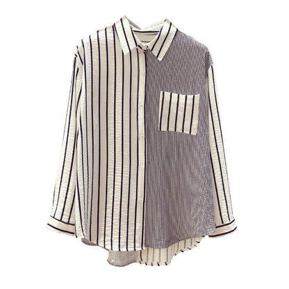 2025 Korean Summer Thin Trendy Striped Women's Shirt & Blouses Patchwork Pocket Loose Casual Office Lady Shirt Sweet Women's Top
