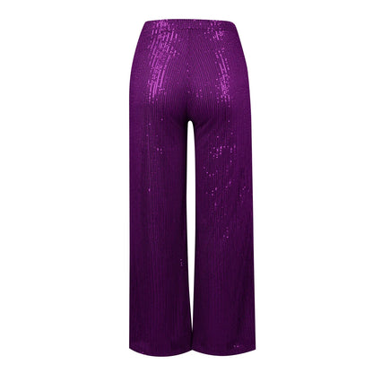 Women's Fashion Solid Color High Waist Sequin Side Zipper Draped Wide Leg Pants Pants for Women Women’s Pants Women’s Pants 2024