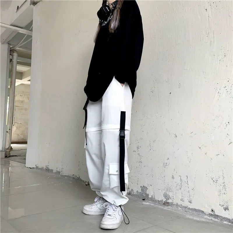 Streetwear Spring Summer Cargo Pants Women Harajuku Slim Punk Ribbons Joggers Elastic Waist Ankle-Length Trousers For Girls