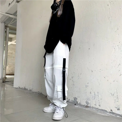 Streetwear Spring Summer Cargo Pants Women Harajuku Slim Punk Ribbons Joggers Elastic Waist Ankle-Length Trousers For Girls