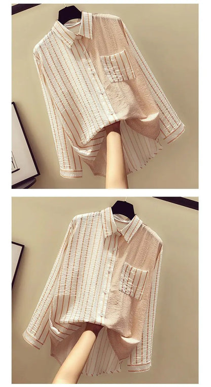 2025 Korean Summer Thin Trendy Striped Women's Shirt & Blouses Patchwork Pocket Loose Casual Office Lady Shirt Sweet Women's Top