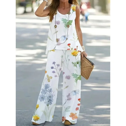 Women's1XL-8XL Plus Size Round Neck Casual Outfits Two Piece Set Solid Tank Top Wide Leg Pants Outfits 2 Piece Set
