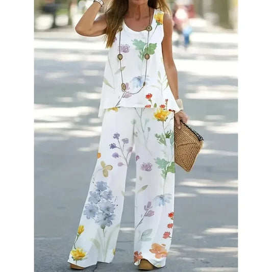 Women's1XL-8XL Plus Size Round Neck Casual Outfits Two Piece Set Solid Tank Top Wide Leg Pants Outfits 2 Piece Set