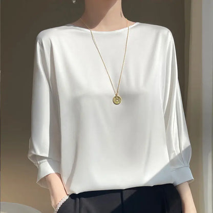 2025 New In Summer Satin Silk Half-Sleeve Tee Tops Basic Solid Women‘s T-Shirt Casual O-neck Thin Shirts Ladies Loose Blouses