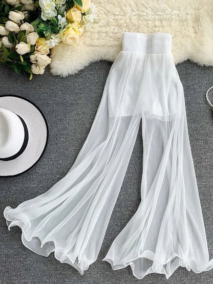 ZOKI Women Flare Pants Loose Gauze Elastic High Waist Ruffle Chiffon Ladies Trousers Fashion Black White Summer Female Pants New
