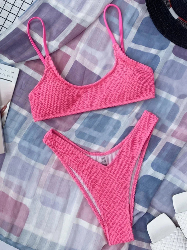 7 Colors Wrinkled Crinkled Triangle Bikini Women Swimwear Female Swimsuit Two-pieces Bikini set Bather Bathing Suit Swim Lady