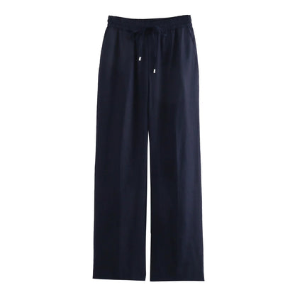 TRAF Women Fashion Spring Summer Lace-up Linen Blended Straight Pants Pocket Office Lady Chic High Waist Trousers Mujer