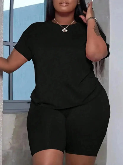 2024 Spring and Summer Plus Size Set Summer Simple New Solid Color Short Sleeve Round Neck Loose Casual Elastic Pants Set