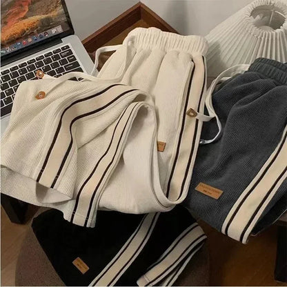 2024 Corduroy Striped Sweatpants Women Streetwear Thick Wide Leg Pants Y2K Harajuku High Waist Joggers Korean Baggy Trousers