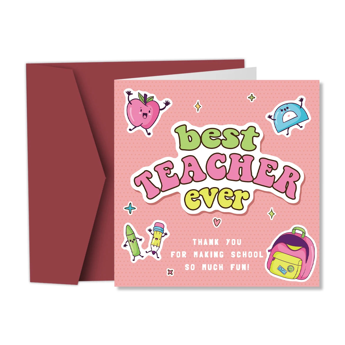 1Set Best Teacher Ever Thank You Card Cute Teacher Appreciation Card with Envelopes, Funny Writable Card Gifts for Teacher's Day