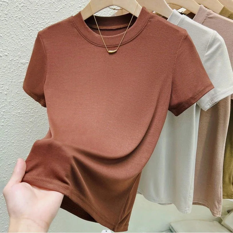Women's Elastic Crew Neck T-Shirt Solid Ribbed Tops Pink Short Sleeve Tight Bottom Basic Shirt Casual Sexy Slim Summer Tops Tee