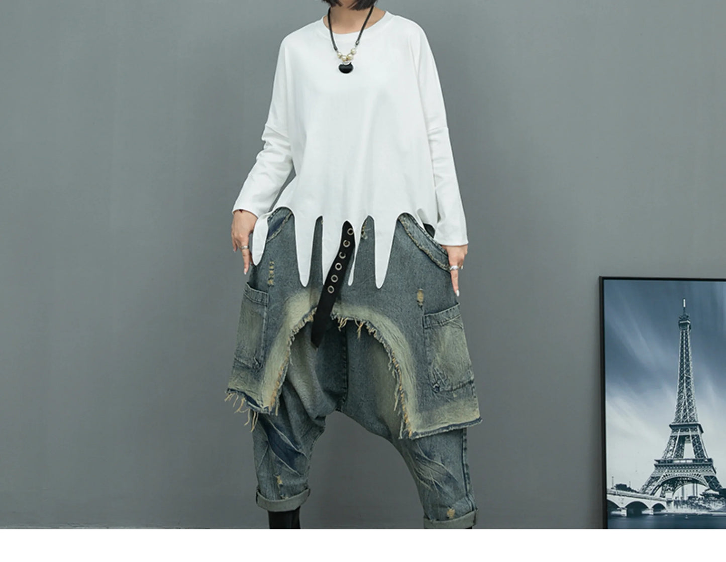 (No Belt)Women Streetwear Pants Set Plus Size White Tassels Tees +2 In 1 Cross Pants Novelty High Street Matching Wear Suit