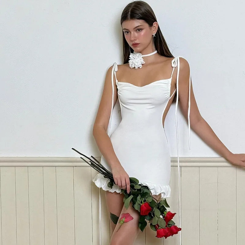 2024 European and American new dress with summer high-end feel Y2K sexy backless lace up spicy girl's hip hugging skirt