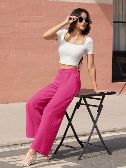 TACVASEN High Waisted Fashion Wide Leg Trousers Womens Loose Casual Long Pants Lightweight Soft Button Closure 2 Pockets Pants