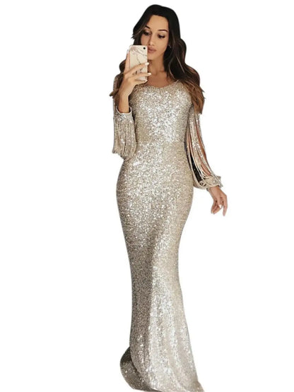Women's European and American Long Dress Evening Dress Long Sleeve Tassel Dinner Dress