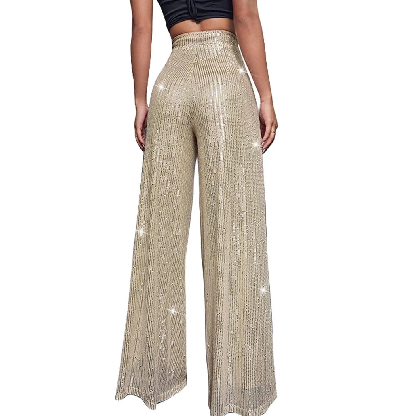 Women's Fashion Solid Color High Waist Sequin Side Zipper Draped Wide Leg Pants Pants for Women Women’s Pants Women’s Pants 2024