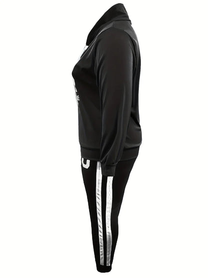 5XL LW Plus Size Autumn&Winte Letter Print Regular Striped Long Sleeve Basic Sporty Fashionable Turtleneck Hooded Blue Pants Set