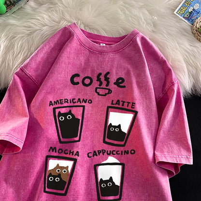 American Retro Trendy Cat Cotton T-shirt Men Women Summer Loose Couple Short Sleeve Tops Harajuku Y2k Vintage Water Washing Tee