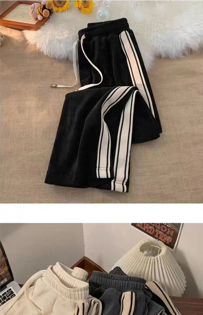 2024 Corduroy Striped Sweatpants Women Streetwear Thick Wide Leg Pants Y2K Harajuku High Waist Joggers Korean Baggy Trousers