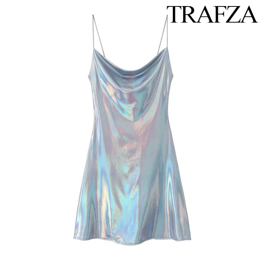 TRAF Women's Metallic Colour Glitter Dress Sexy Backless Sleeveless Spaghetti Strap Dresses Party Bar Sleeveless Short Dresses
