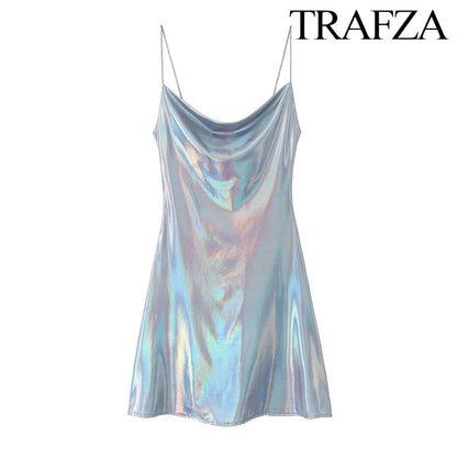 TRAF Women's Metallic Colour Glitter Dress Sexy Backless Sleeveless Spaghetti Strap Dresses Party Bar Sleeveless Short Dresses
