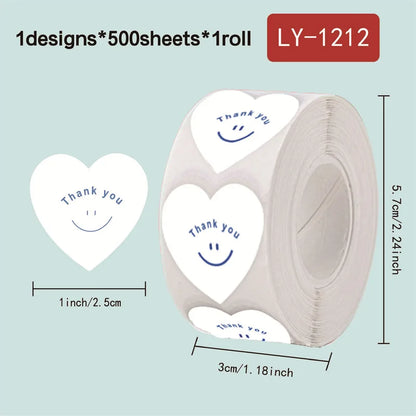 500pcs/roll New Red Heart Thank You Stickers Cute Heart-shaped Decorative Seal Labels for Wedding, Party Gifts, Business Package