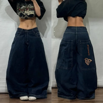Streetwear Fashion New Letters Embroidered Washed Baggy Jeans Women Y2K Harajuku Gothic Hiphop Popular High Waist Wide Leg Pants