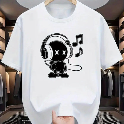 Summer men's 100% cotton casual loose fit plus size music themed printed comfortable sports round neck short sleeved T-shirt top