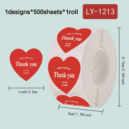 500pcs/roll New Red Heart Thank You Stickers Cute Heart-shaped Decorative Seal Labels for Wedding, Party Gifts, Business Package