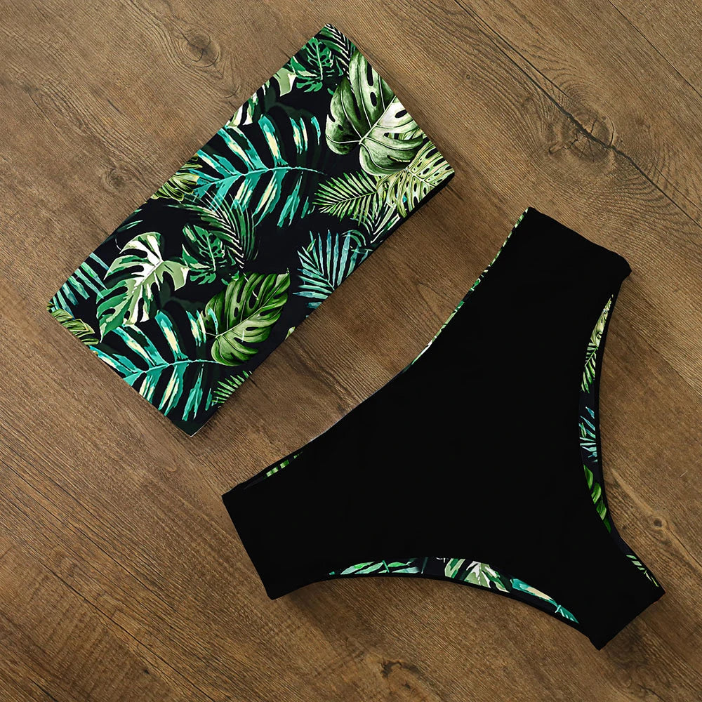 2024 New Sexy Low Hight Bikini Set Swimwear Women Bandeau Female Print Floral Strappy Swimsuit Bathing Suit Beach Wear Biquini