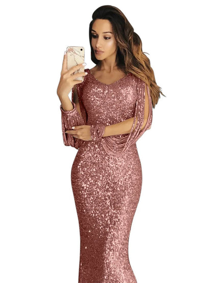 Women's European and American Long Dress Evening Dress Long Sleeve Tassel Dinner Dress