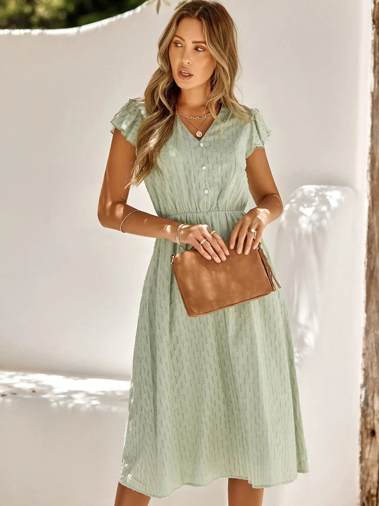 2025 New Summer Dress Women Casual Solid V-neck High Waist Fresh Wind Midi Dresses For Women Elegant Boho White Dress Vestidos