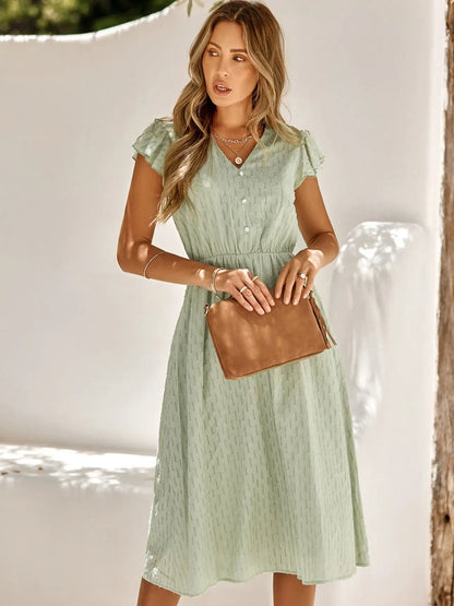 2025 New Summer Dress Women Casual Solid V-neck High Waist Fresh Wind Midi Dresses For Women Elegant Boho White Dress Vestidos