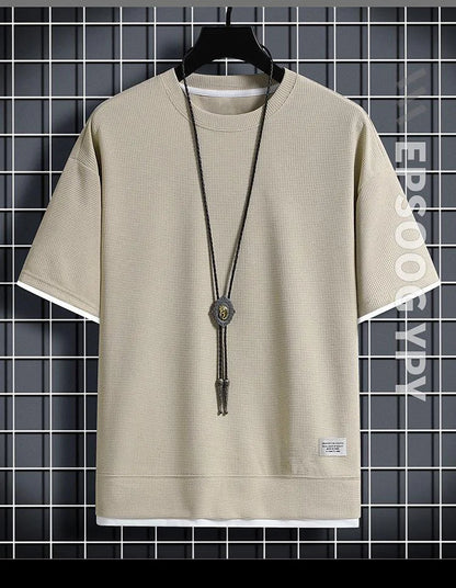 1pcs Men Summer T-Shirt Man Short Sleeved Waffle Solid T-Shirt Male Solid Color Casual Tee Round Men's Round Neck Fashion Top