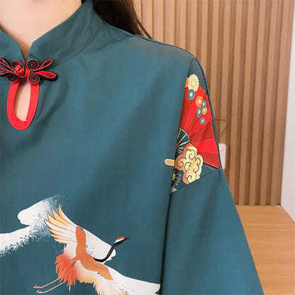Summer Chinese Style Vintage Printing T-shirt Mini Dress Ladies Short Sleeve Loose Casual A-line Robe Women Stand Collar Vestido