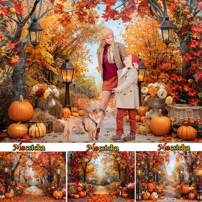 Autumn Photography Background Pumpkin Maple Leaves Street Light Backdrop Decor Family Kid Thanksgiving Day Birthday Photo Studio