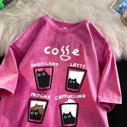 American Retro Trendy Cat Cotton T-shirt Men Women Summer Loose Couple Short Sleeve Tops Harajuku Y2k Vintage Water Washing Tee