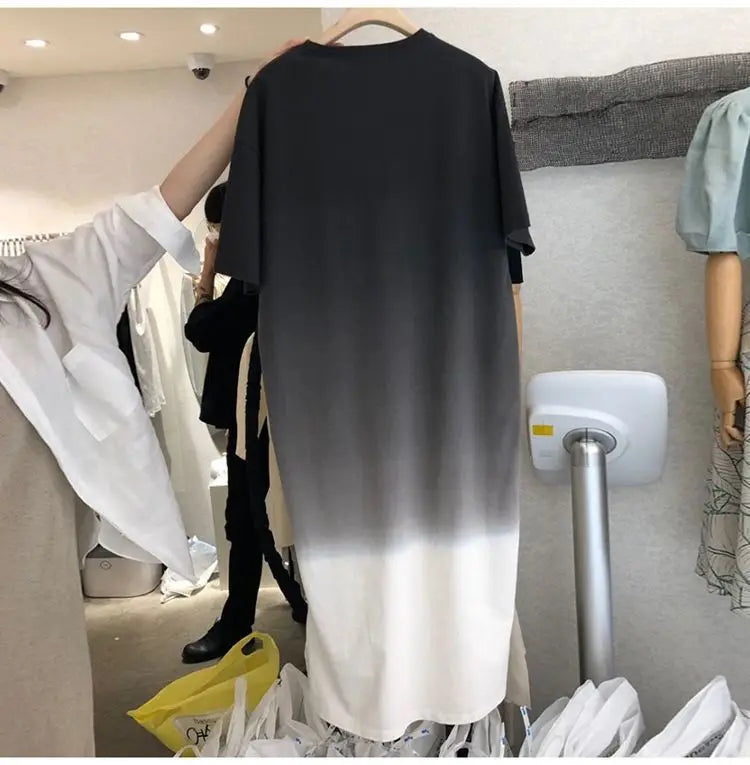 Street Casual Gradient Loose T Shirt Dress Summer New Short Sleeve O-Neck All-match Midi Dress Fashion Trend Women Clothing