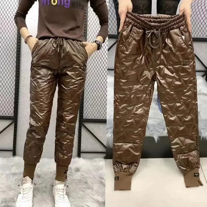 Winter Oversized Down Cotton Pencil Pants Warm Korean Fashion Slim Thick Women Pantalones Casual High Wais Black Trousers 4XL