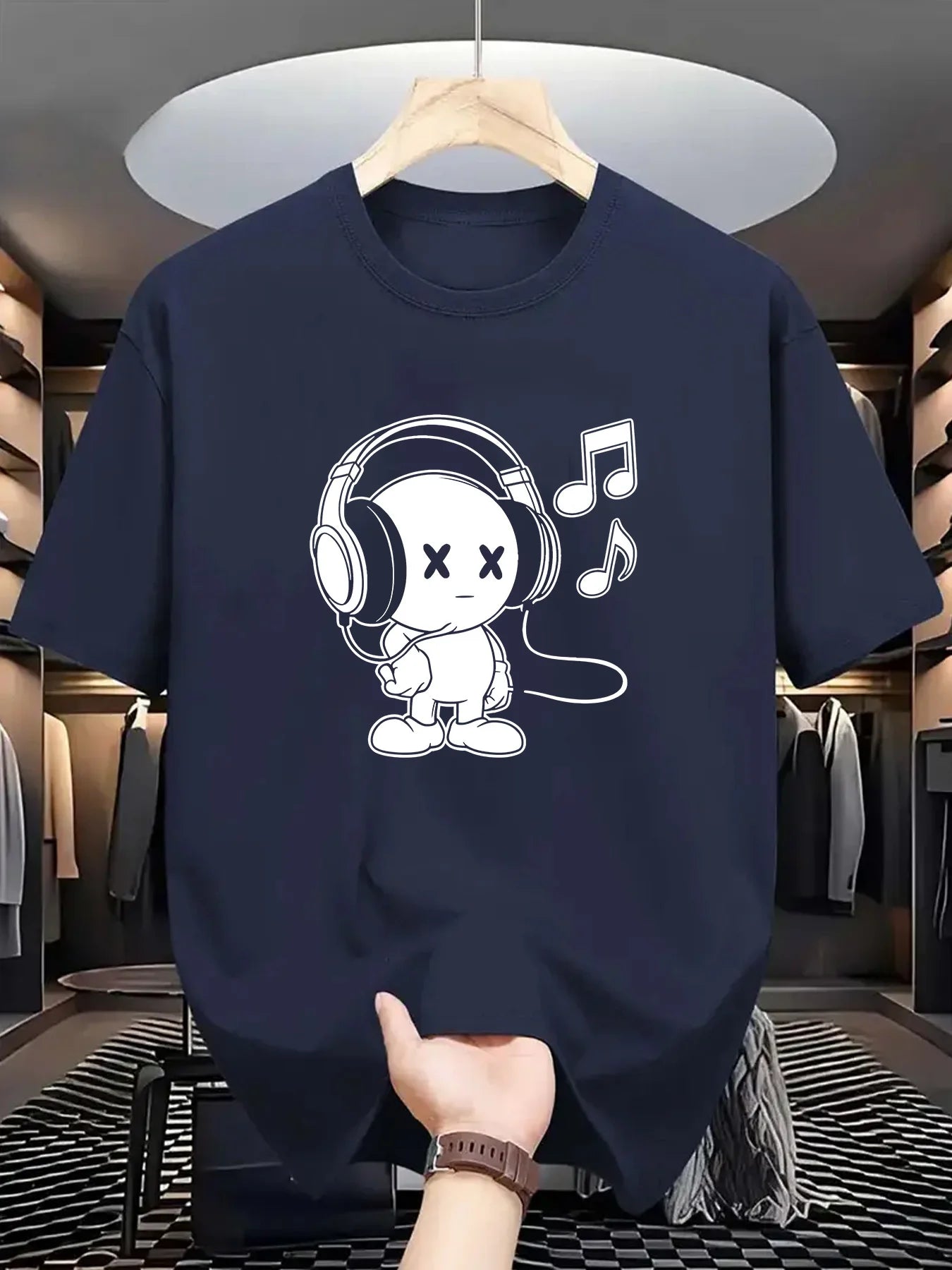 Summer men's 100% cotton casual loose fit plus size music themed printed comfortable sports round neck short sleeved T-shirt top